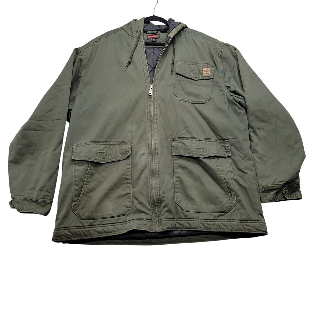 Wolverine Mens XXL Olive Hooded Work Jacket Quilted Lined Full Zip Canvas Coat
